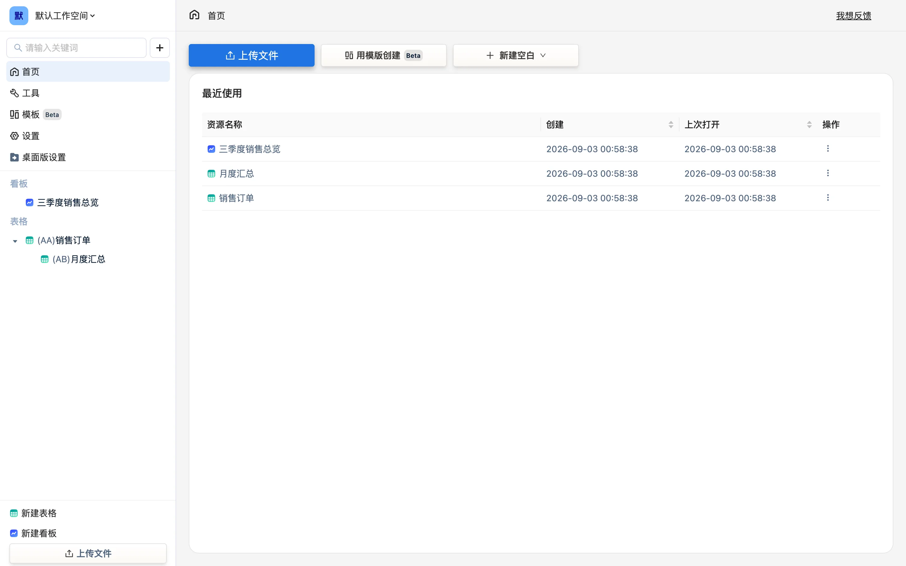 首页:左侧栏,右侧「上传文件 / 用模版创建 / 新建空白」三个入口和最近使用列表