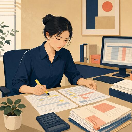 插画：文员在办公桌前对着一摞纸质报表和计算器做核对。