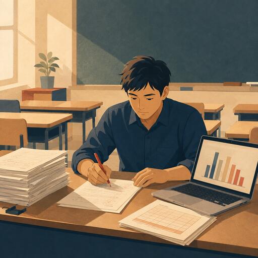 插画：老师在教室里批改一摞纸质表格，旁边笔记本电脑上是一张柱状图。